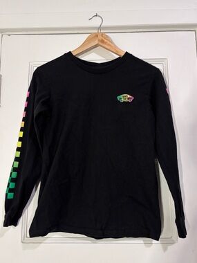 Vans Black Long-Sleeve Tee with Neon Checkerboard Sleeve